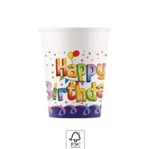 Happy Birthday Multicolor papír pohár 8 db-os 200 ml FSC